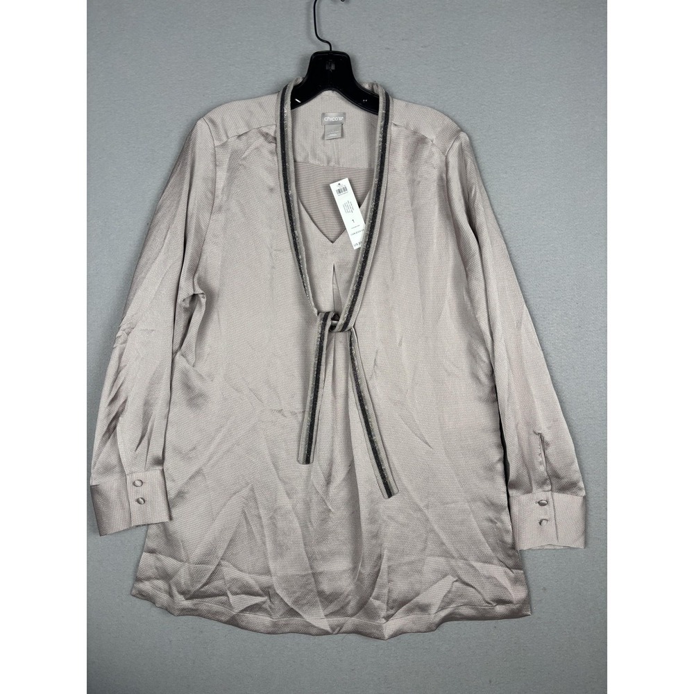 Chico's Shirt Womens 1 Beige Satin Tunic Ball Chain Trim Long Sleeve Top